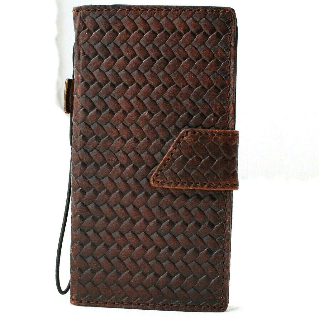 Handmade genuine leather iPhone 11 Pro Max wallet case with credit card slots, rubber strap, and wireless charging compatibility by DAVISCASE