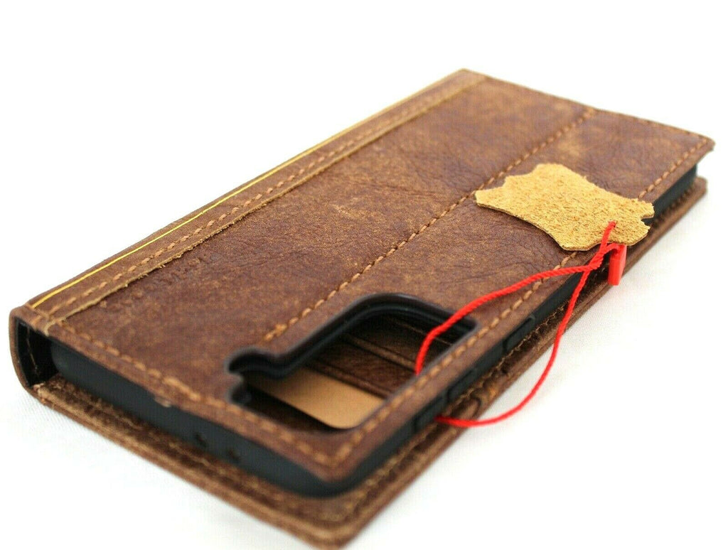 DavisCase genuine soft leather Samsung Galaxy S21 wallet case with ID window, card slots, wireless charging holder, Bible style design.