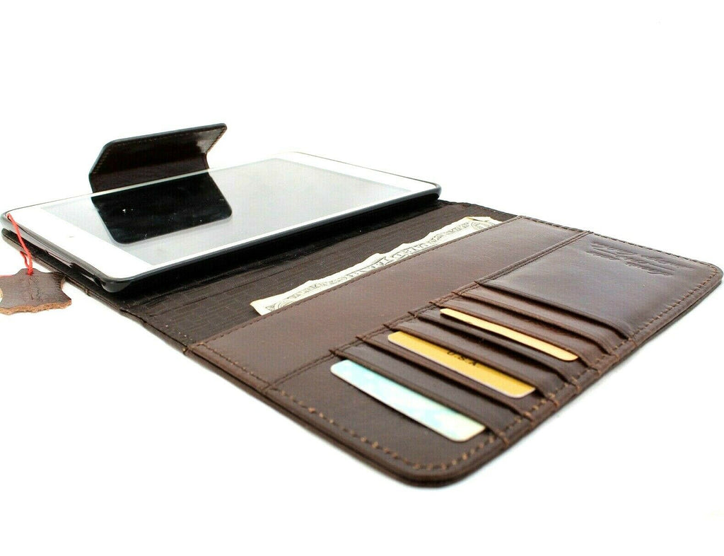 Genuine dark leather iPad mini 5 case by DAVISCASE with card slots, handbag-style cover, and rubber accents for 2019 model.
