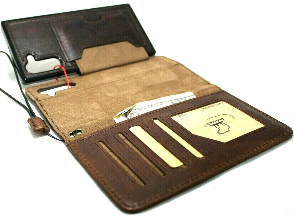 Genuine full dark leather Galaxy Note 10 book wallet case with window, handmade stand, soft interior, and removable feature by DavisCase.