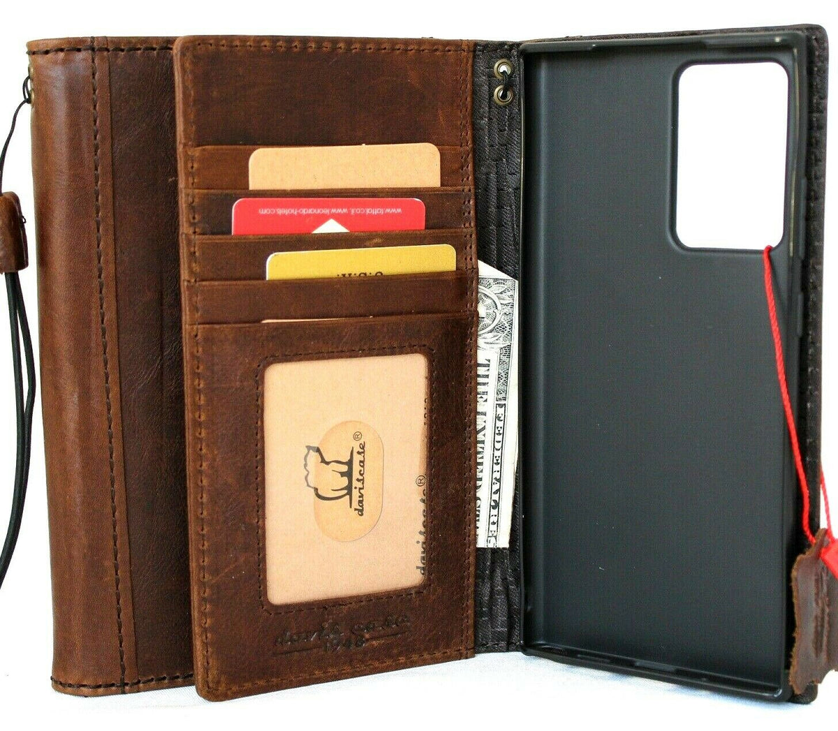 Genuine leather book wallet case for Samsung Galaxy Note 20 Ultra 5G by DAVISCASE, with ID window, card slots, and rubber stand.