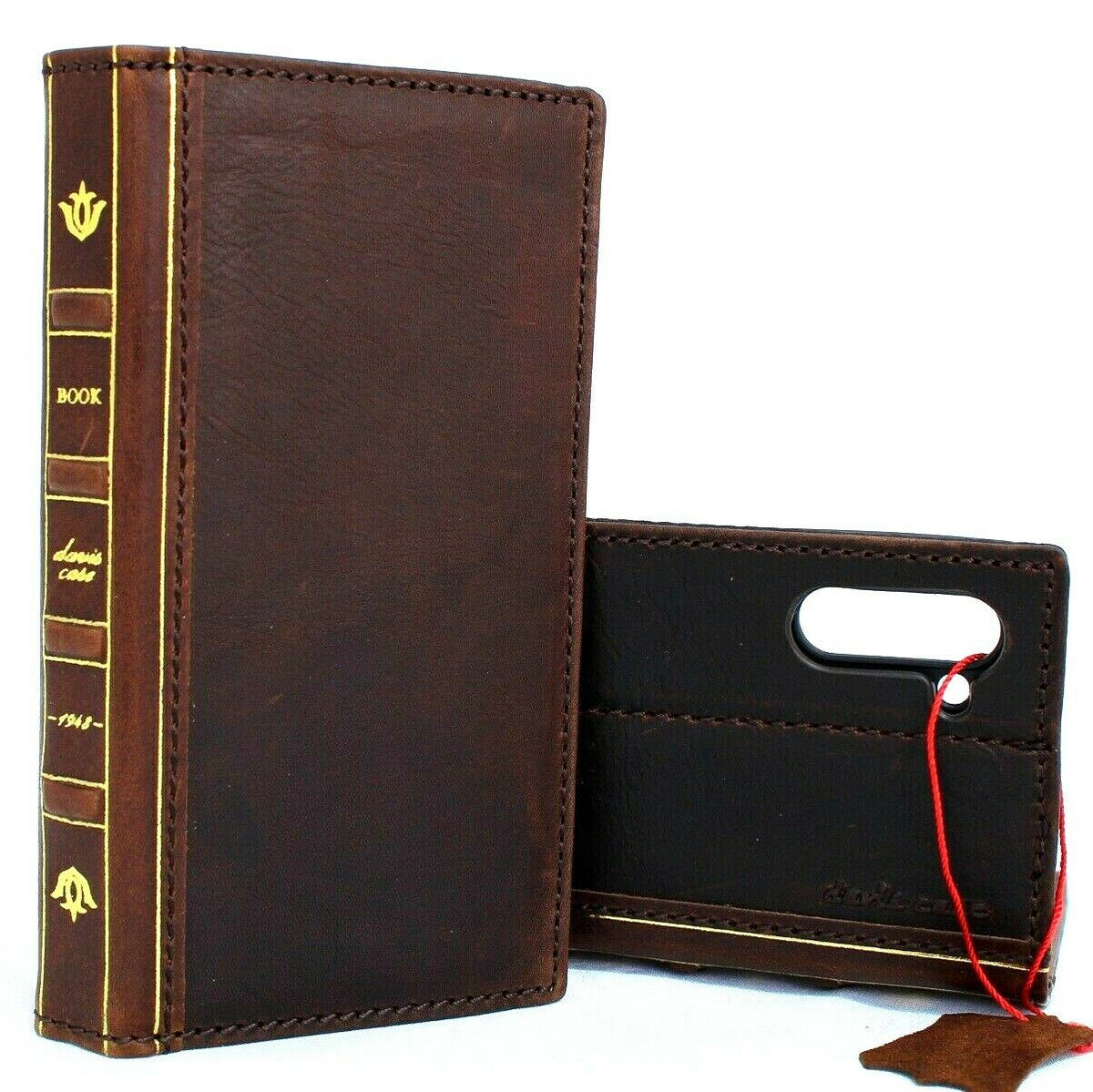 Handmade genuine leather wallet case for Samsung Galaxy Note 10 with ID window, slim stand, and art rubber design by DAVISCASE.