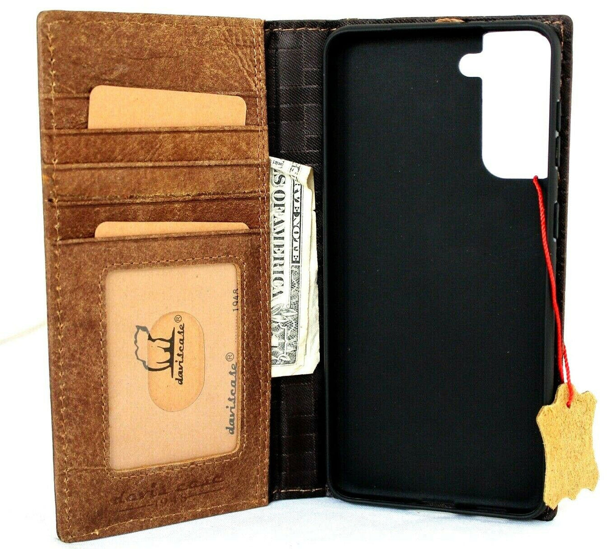 Genuine leather Samsung Galaxy S22 Plus 5G Bible tan wallet cover with card slots, wireless charging holder, and rubber ID holder by DAVISCASE