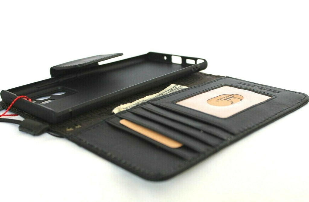 Genuine black leather book wallet case for Samsung Galaxy Note 20 Ultra 5G with card slots, ID window, magnetic closure, slim design.