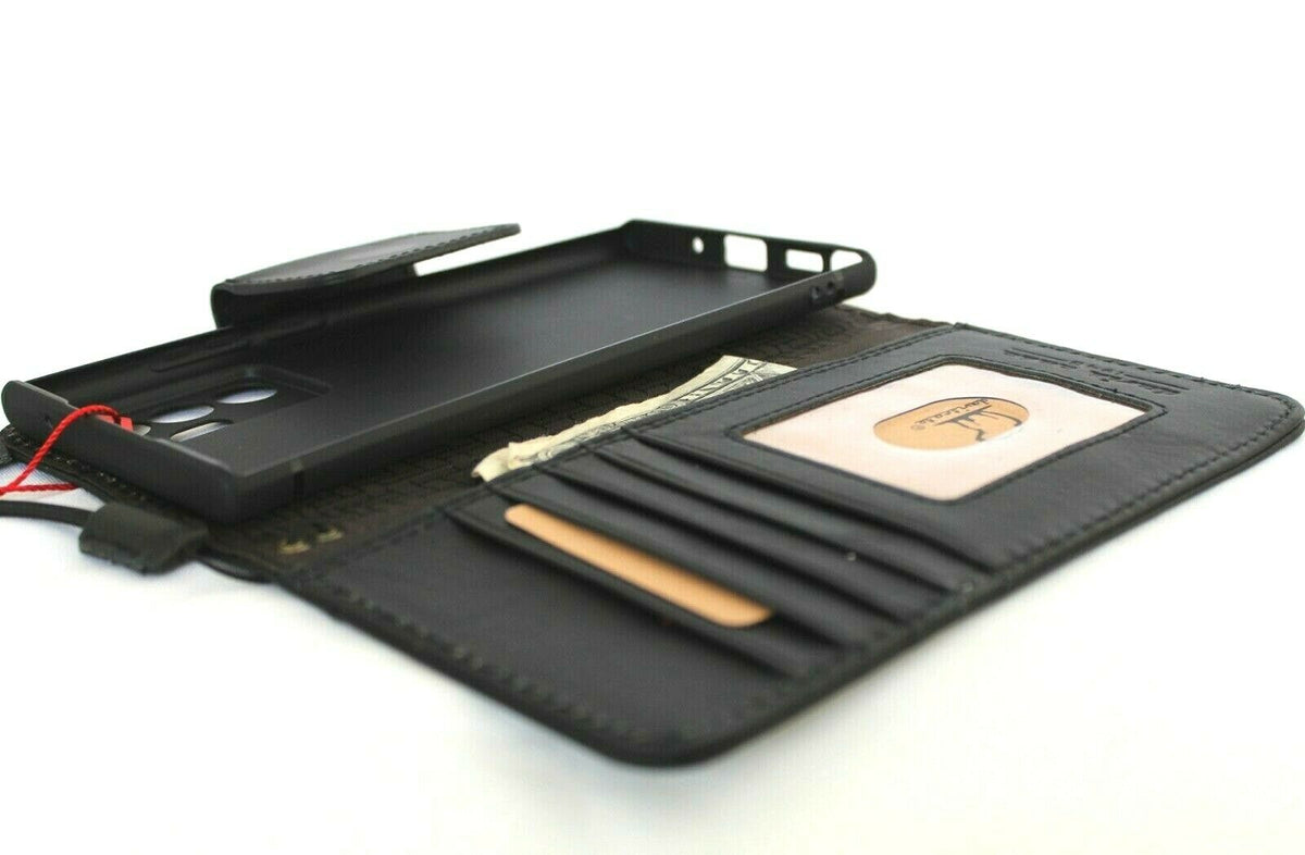 Genuine black leather book wallet case for Samsung Galaxy Note 20 Ultra 5G with card slots, ID window, magnetic closure, slim design.