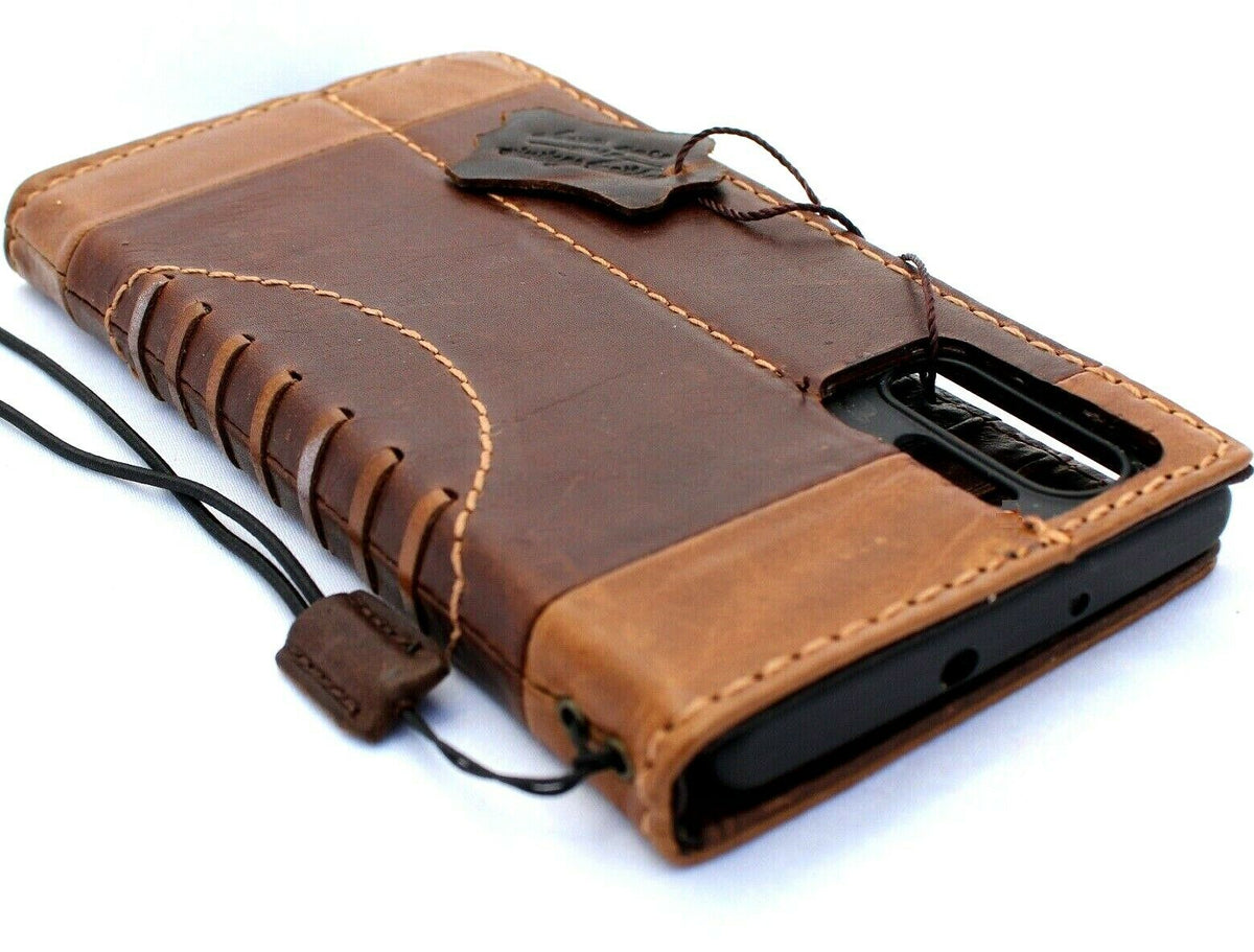 Daviscase genuine leather wallet case for Samsung Galaxy Note 10 Plus with card slots, ID window, and rubber stand feature.
