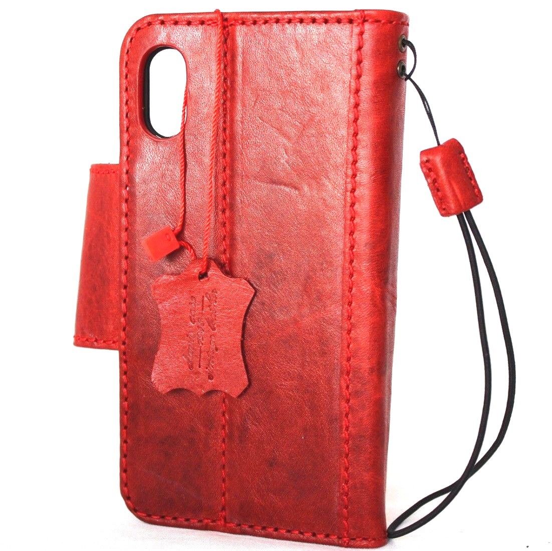 Red genuine leather iPhone X case with book wallet design, magnet closure, card slots, slim vintage style, handmade by Daviscase.