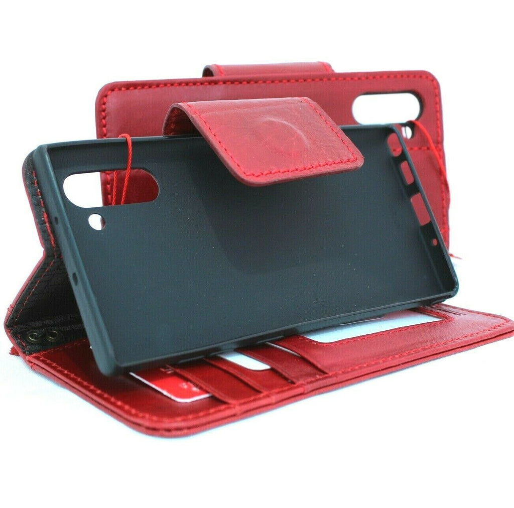 Red genuine leather Samsung Galaxy Note 10 wallet case with magnetic flip cover, handmade, luxury design, wireless charging compatible.