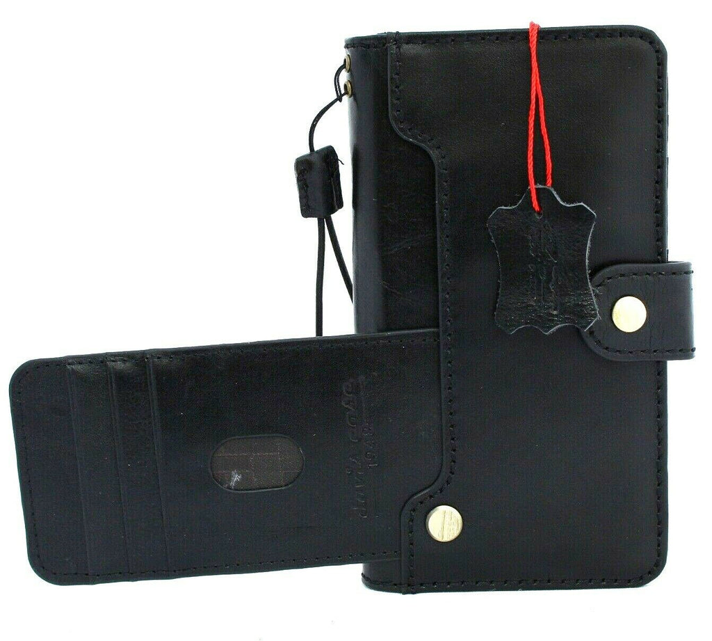 Handmade black genuine Italian leather Samsung Galaxy S21 book wallet case with rubber holder, designed for wireless charging by DavisCase.