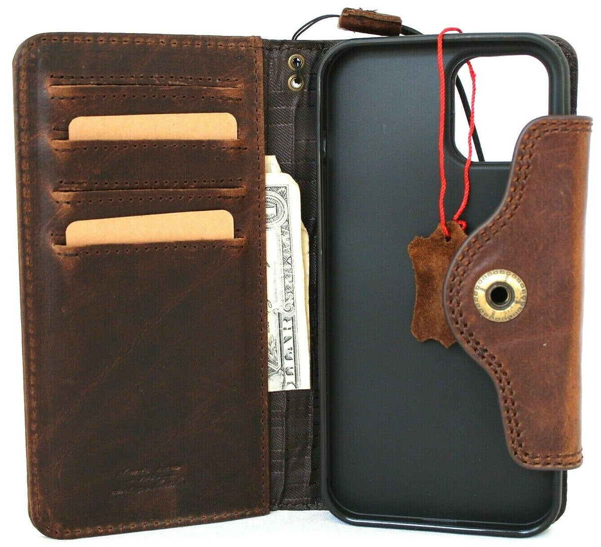 Genuine dark soft leather book wallet case for iPhone 12 Pro Max by DAVISCASE, with credit card slots and slim closure.
