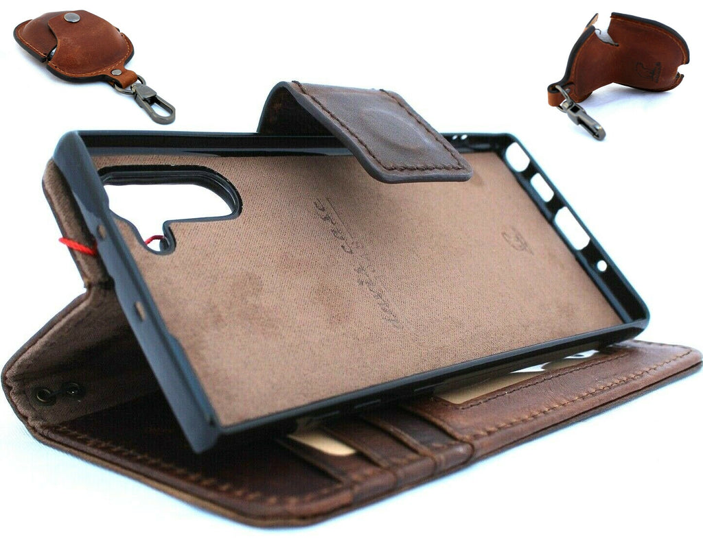 Handmade genuine leather Samsung Galaxy Note 10 wallet case with removable strap, soft cover, and AirPods 2 holder.