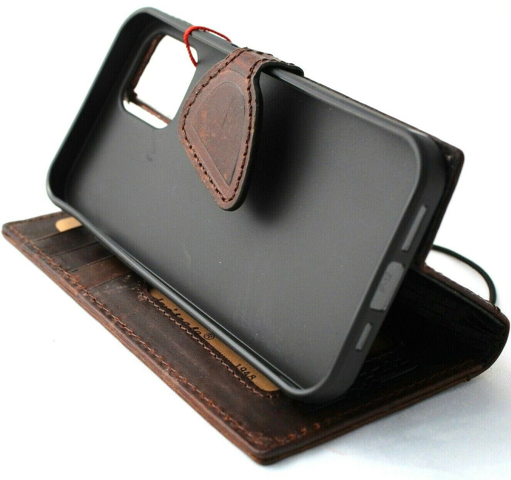 Genuine dark leather wallet case for Apple iPhone 12 with credit card slots, ID window, magnetic closure, by DAVISCASE.