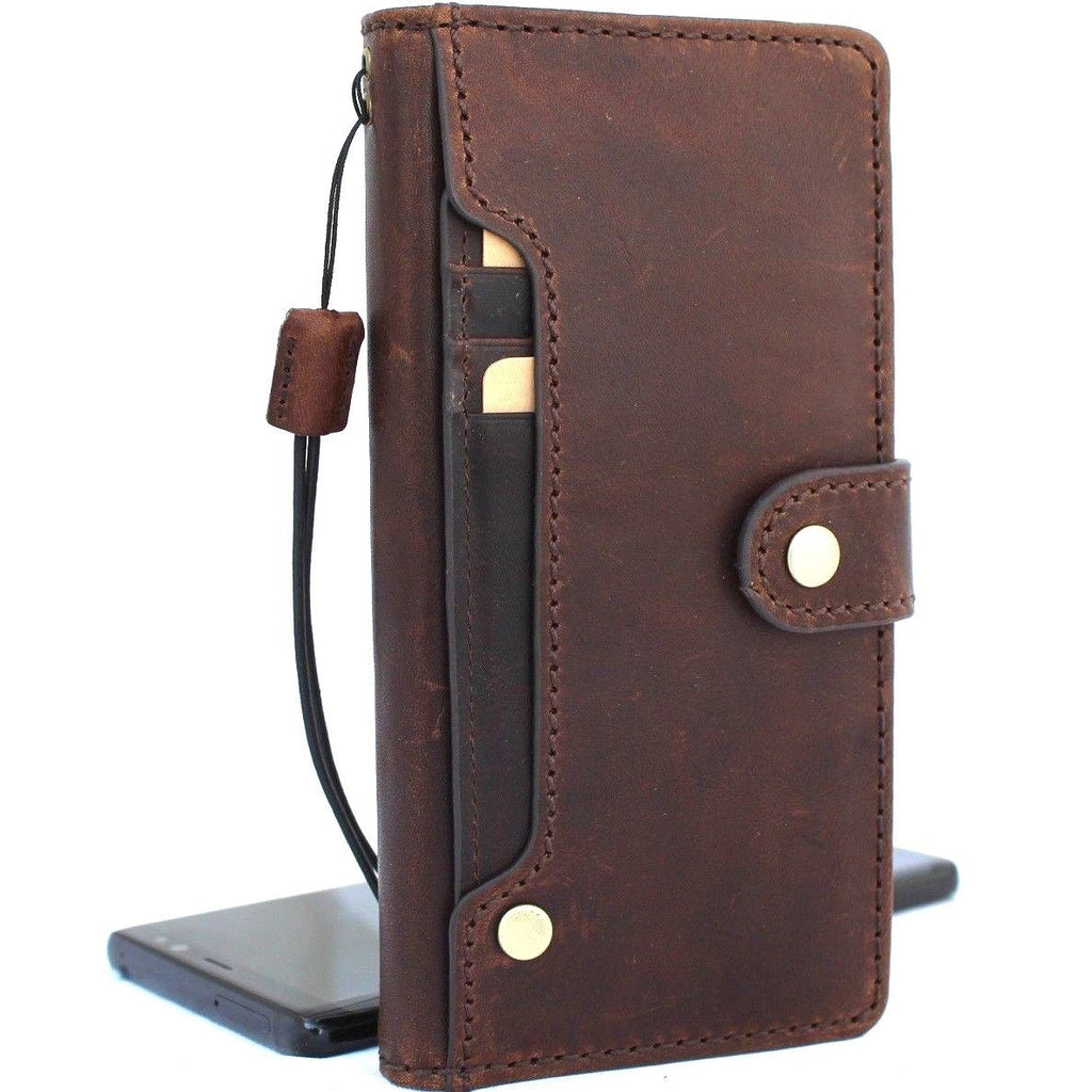Genuine vintage leather Samsung Galaxy Note 9 case by DAVISCASE with wallet design, card slots, handmade details, and rubber cover.