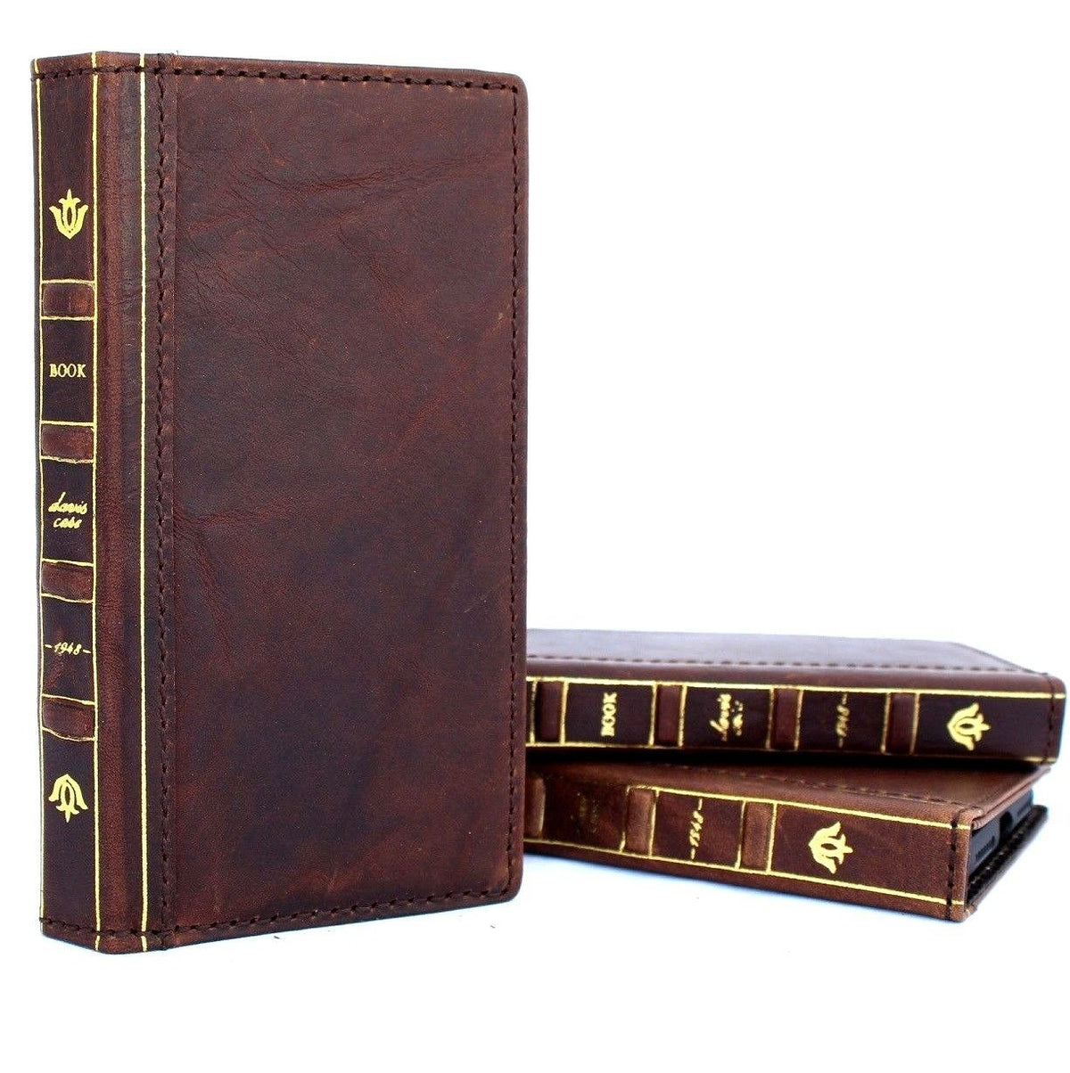 Dark brown vintage leather iPhone XS case by DAVISCASE with card slots, wallet closure, slim design, handmade and book-style.