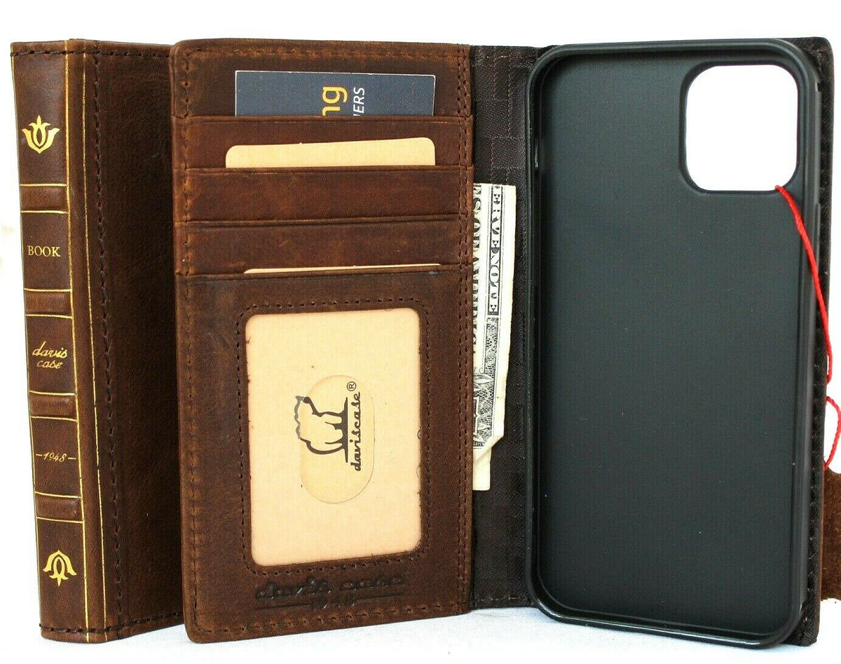 Handmade genuine leather iPhone 12 case with wallet style design, credit card slots, soft full grain cover by DAVISCASE
