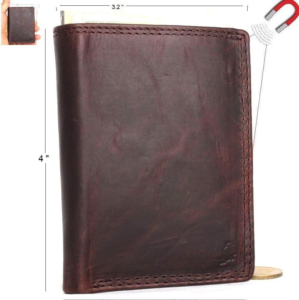 Men's genuine leather slim mini wallet with card slots, coin zipper, magnetic closure, in soft brown leather.
