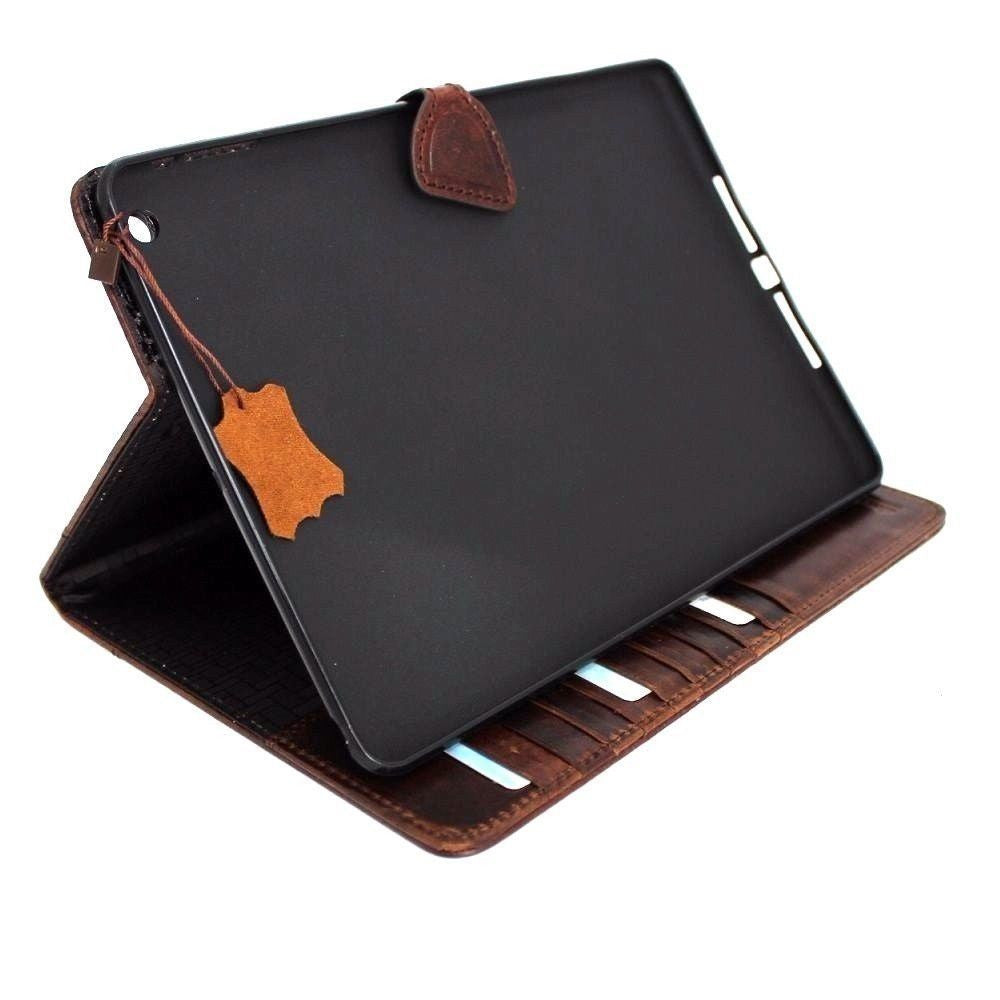 Brown genuine vintage leather iPad Air 4/5 case with wallet, stand, card slots, and magnetic closure by DAVISCASE.