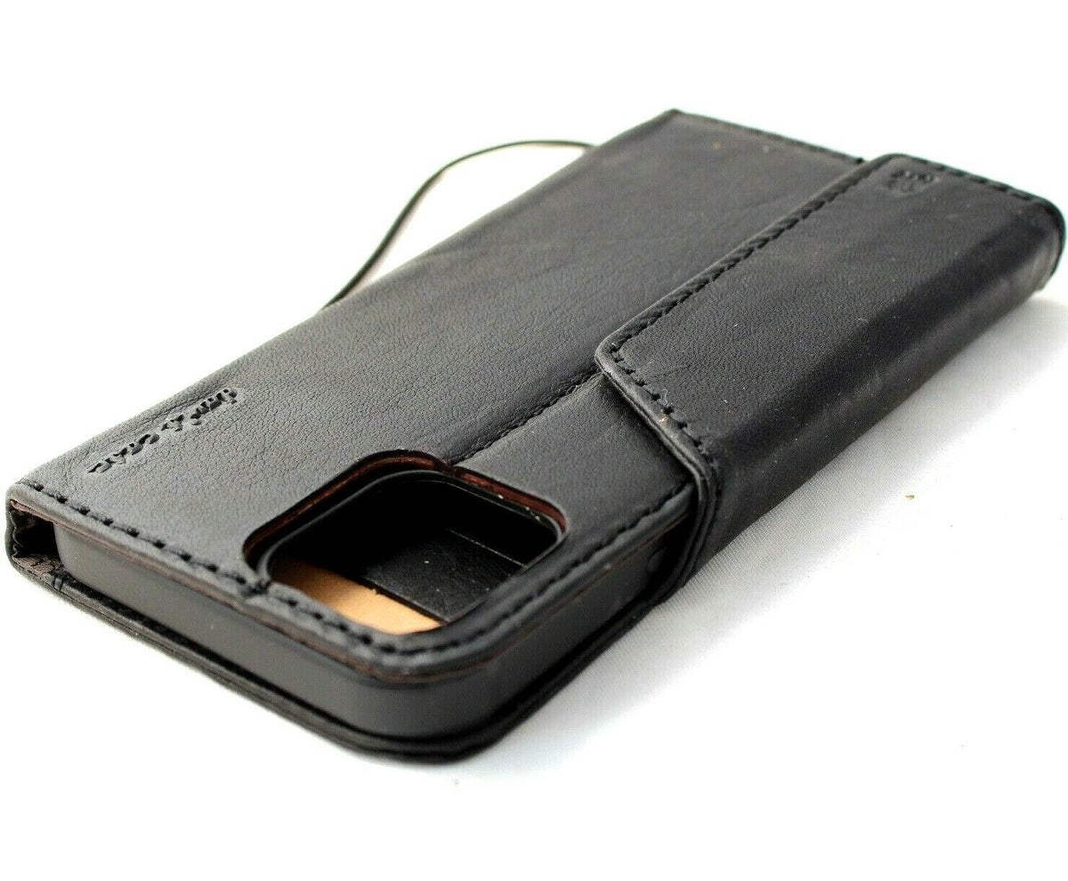 Black genuine leather wallet case for iPhone 13 Pro Max with card slots, soft cover, handmade by DAVISCASE.
