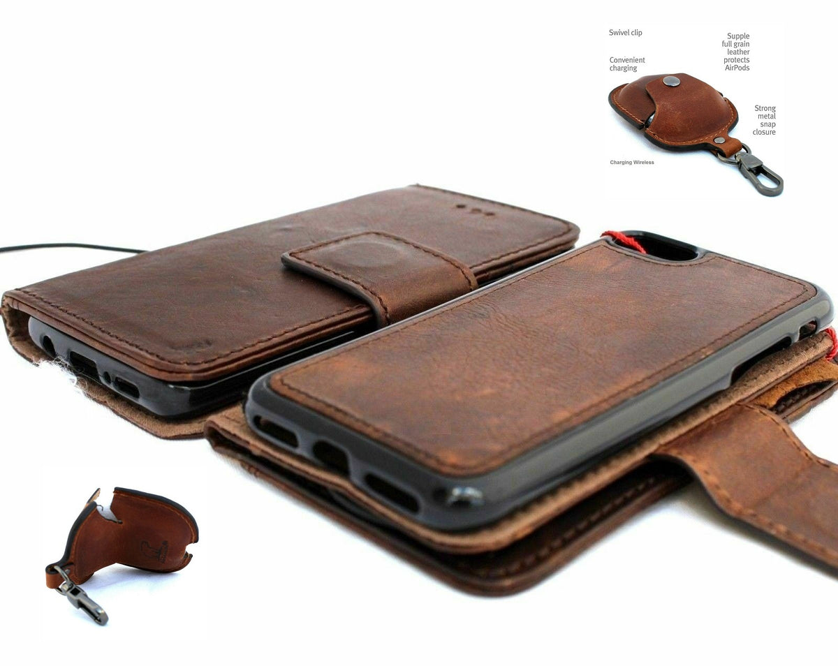 Genuine dark leather iPhone 8 wallet case by DAVISCASE with card slots, magnetic cover, slim design, and removable AirPods 2 case.