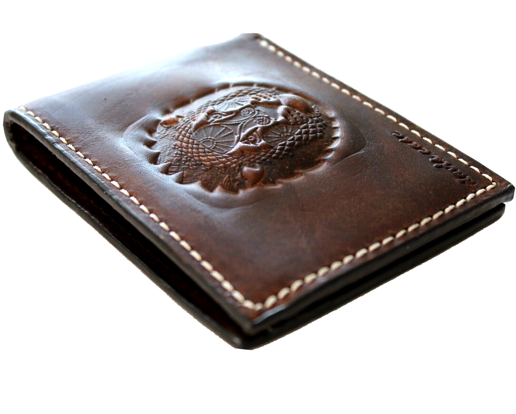 Men's genuine brown leather wallet with credit card slots and bill compartment, featuring a handmade Tree of Life design by DAVISCASE.