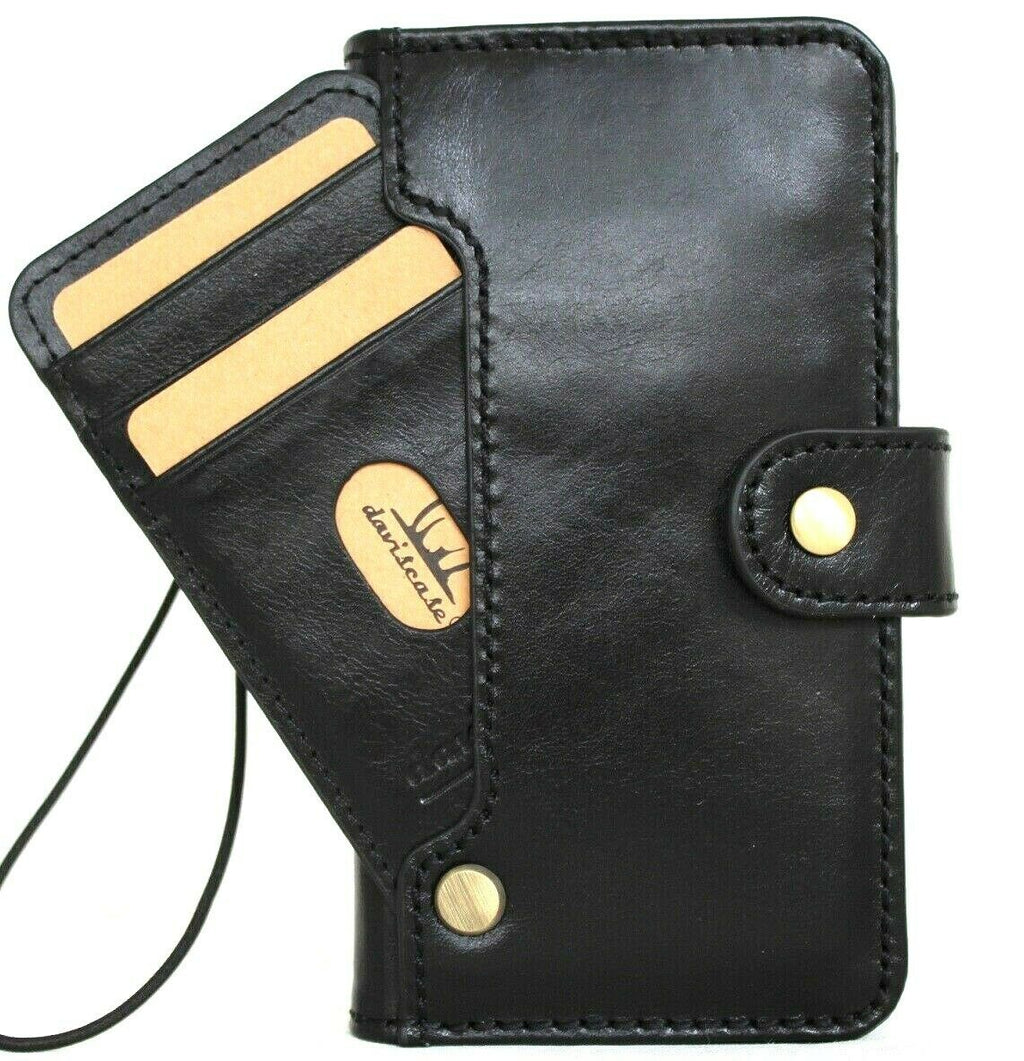Handmade black leather iPhone 12 Pro case with wallet style, ID window, credit card slots, soft full grain cover by DAVISCASE