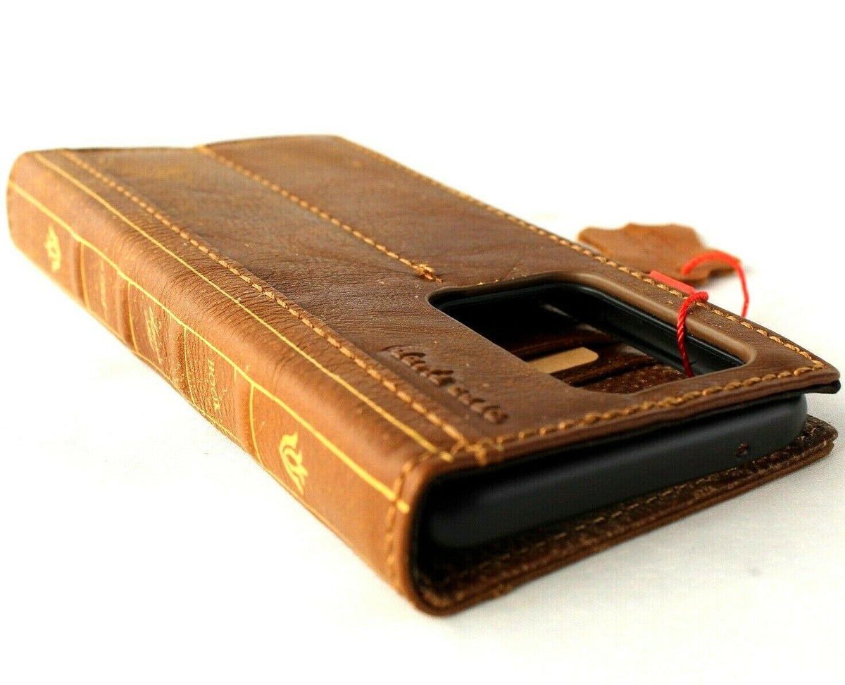 Genuine leather Samsung Galaxy S20 Ultra 5G wallet case by DAVISCASE with card slots, wireless charging window, and tan leather finish.