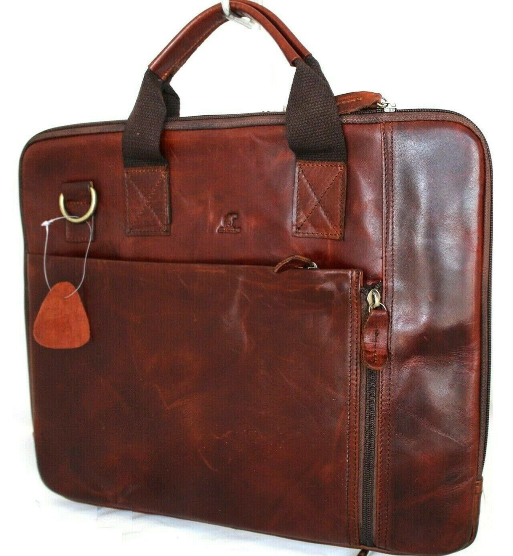Men's brown genuine leather messenger bag with shoulder strap, designed for laptops and iPads, by DAVISCASE.