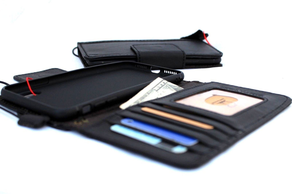 Black genuine leather iPhone XS Max wallet case with magnet closure, card slots, slim vintage design, handmade by Jafo 48 Studio.