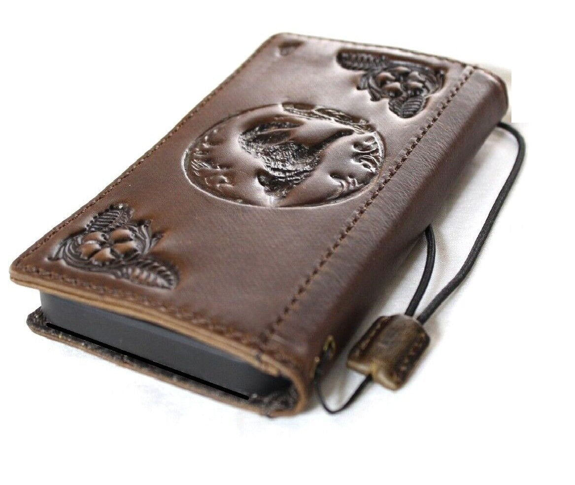 DavisCase genuine leather phone case for iPhone 11-15 Pro Max, vintage tan style with wallet, credit card slots, and full grain leather.