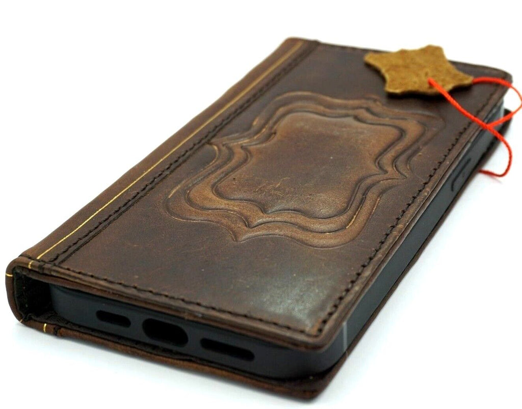 Genuine leather DAVISCASE phone wallet case for iPhone 11-15 Pro Max with card slots, vintage handcrafted style, full grain leather.