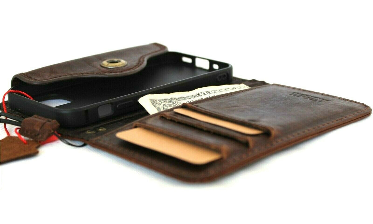 Genuine dark leather iPhone 12 Mini wallet case by DAVISCASE with card slots, vintage design, slim soft closure, handmade leather cover.