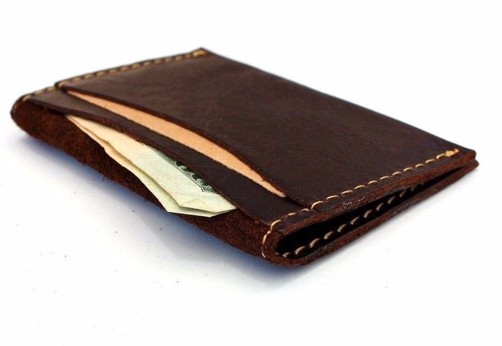 Men's dark soft leather mini wallet with 2 card slots and slip pockets, by DAVISCASE, featuring compact, stylish design