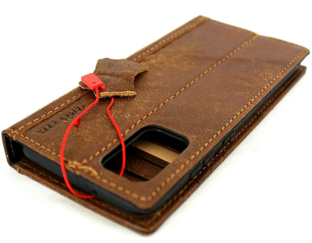 Genuine leather Bible-style wallet case for Samsung Galaxy S20 Plus by DAVISCASE, featuring card slots, wireless charging, and luxury design.