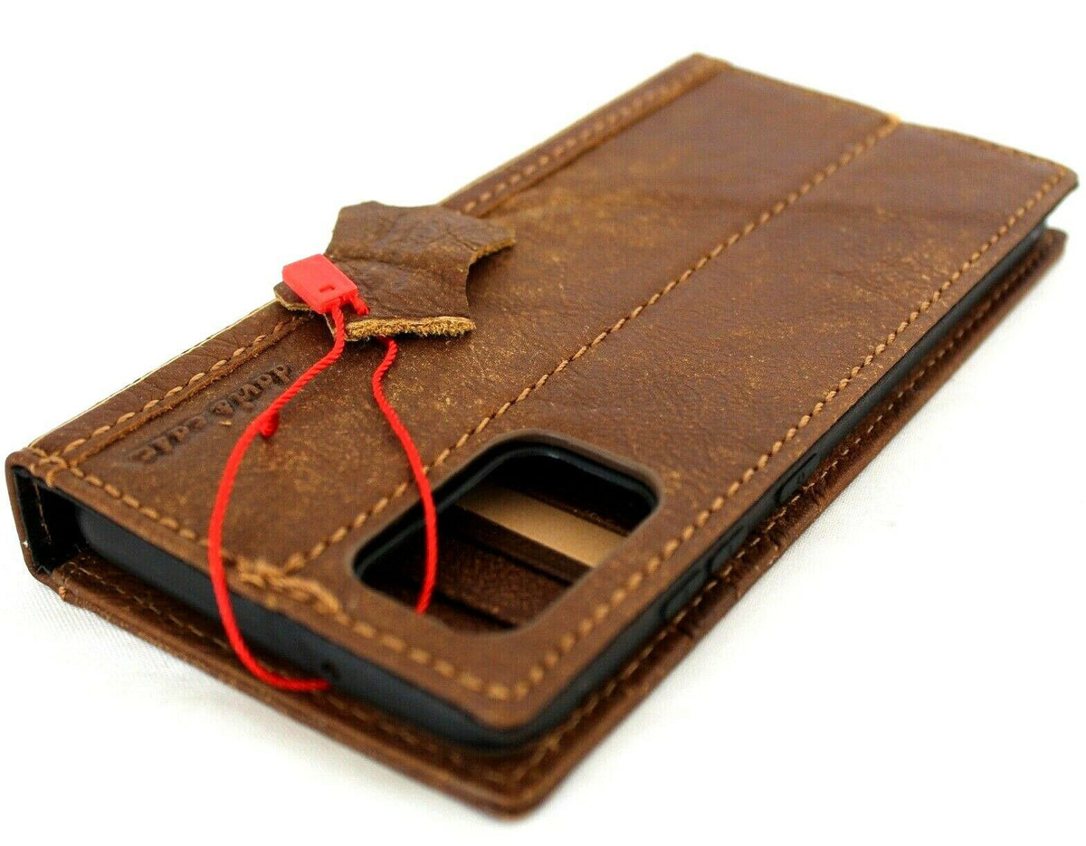 Genuine leather Bible-style wallet case for Samsung Galaxy S20 Plus by DAVISCASE, featuring card slots, wireless charging, and luxury design.