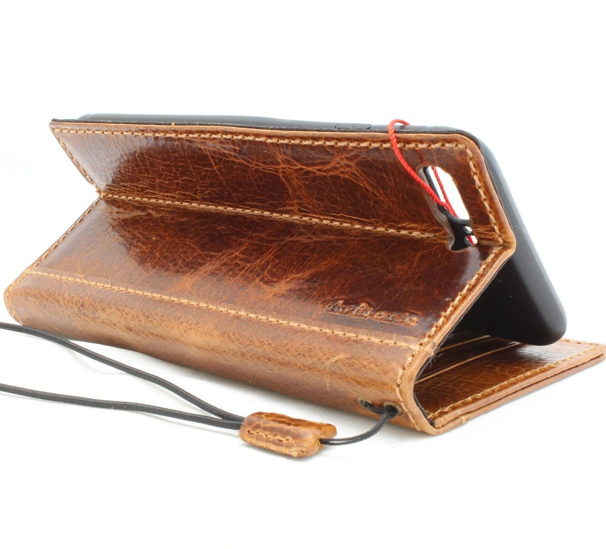 Handmade genuine leather iPhone 8 Plus case with card slots, vintage slim wallet cover in classic brown from Daviscase.