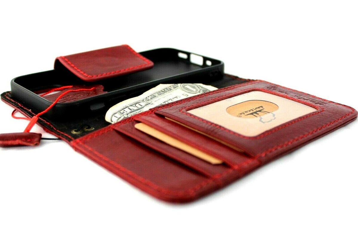 Genuine red leather iPhone 12 Mini case by DAVISCASE with vintage book wallet design, credit card slots, soft magnetic closure