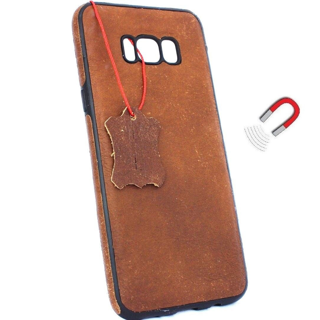 Handmade genuine leather wallet case for Samsung Galaxy S8 Plus, slim book-style cover with magnetic closure and card slots.