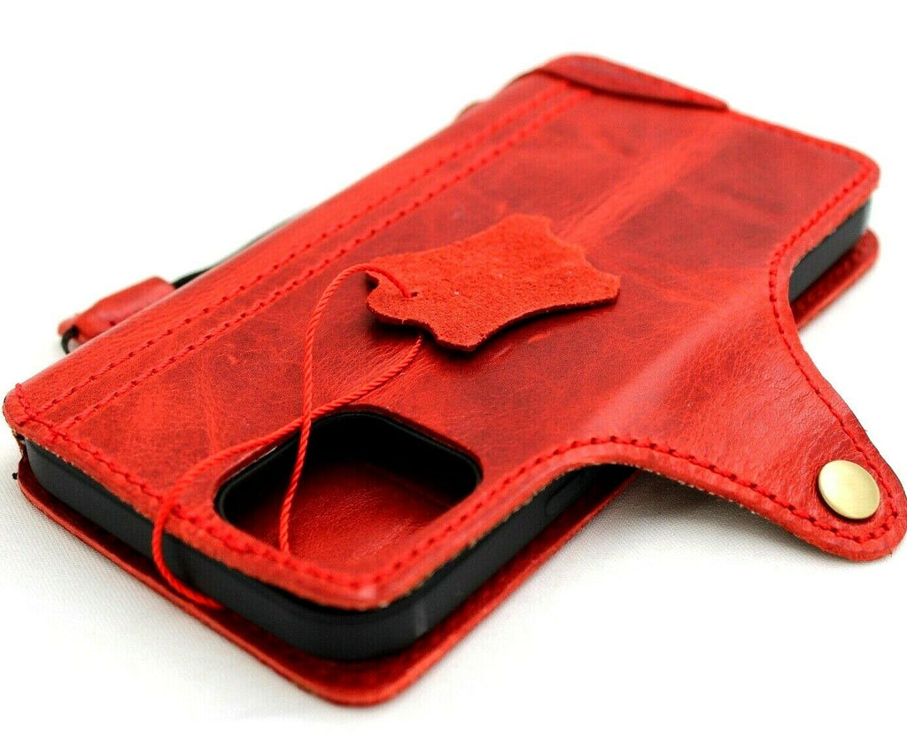 Genuine soft red leather iPhone 12 case with vintage book wallet design, credit card slots, slim full grain cover by DAVISCASE