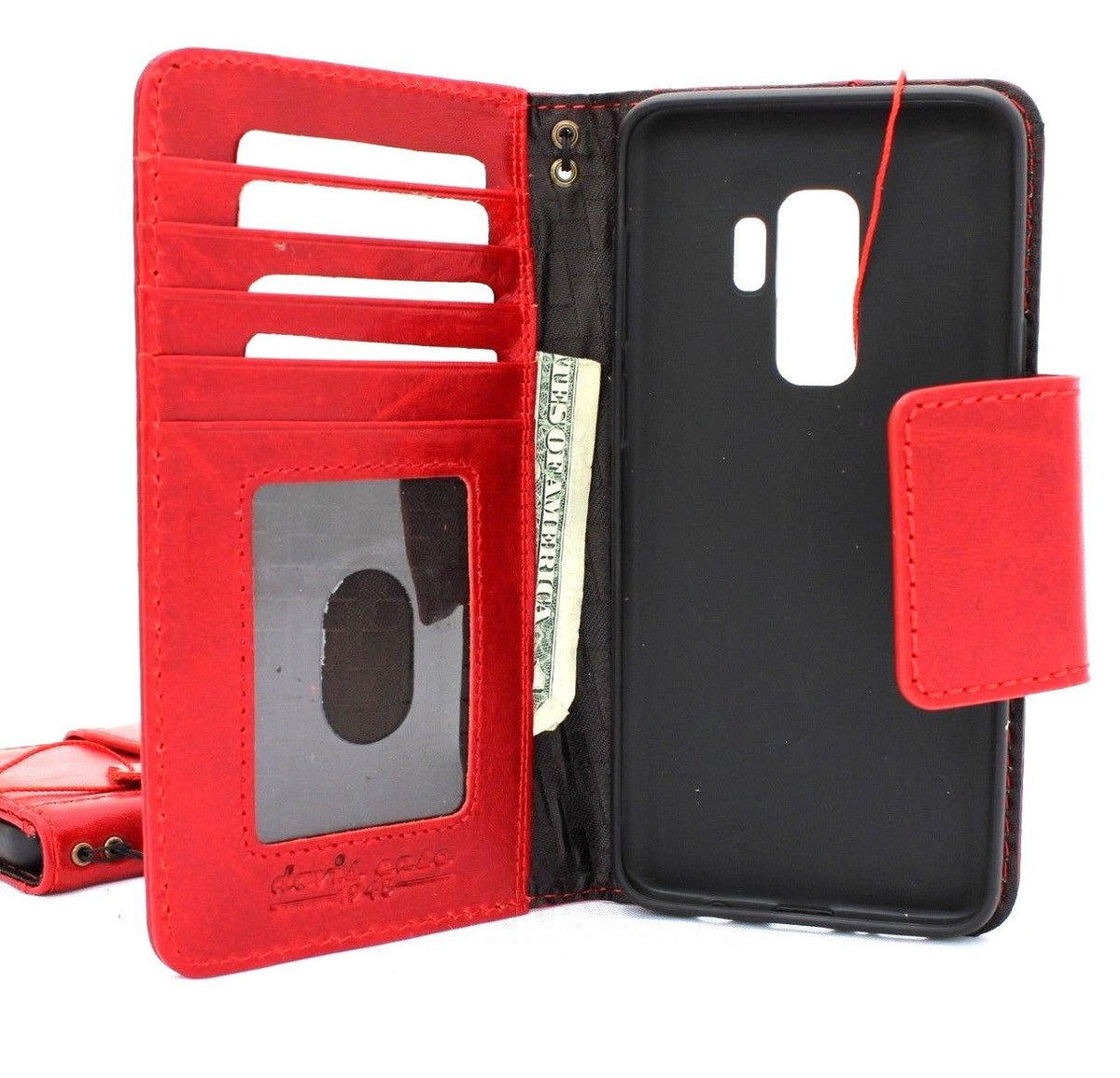 Handmade red wine leather phone case with card slots for Samsung Galaxy S9 Plus, featuring a wallet-style design and premium craftsmanship.