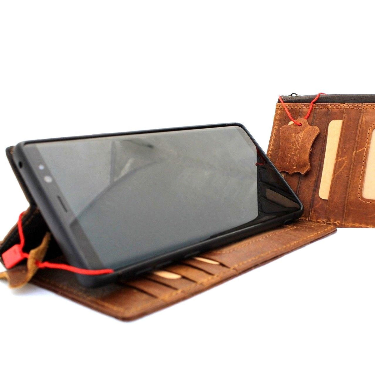 Vintage leather Samsung Galaxy Note 9 wallet case with card slots, ID holder, and stand feature, handmade by Jafo Daviscase.