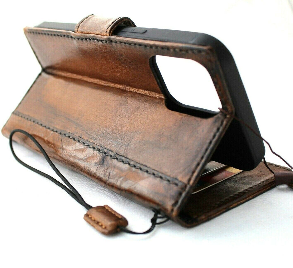 Genuine oiled leather wallet case for iPhone 12 Pro Max by DAVISCASE, vintage style with ID window and credit card slots.