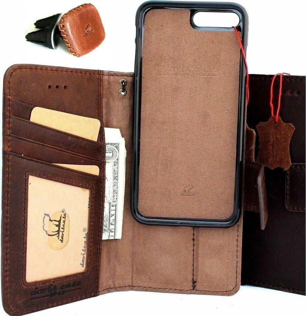 Genuine dark soft leather iPhone SE 2 wallet case with magnetic closure, card slots, and slim design, paired with magnetic car holder.