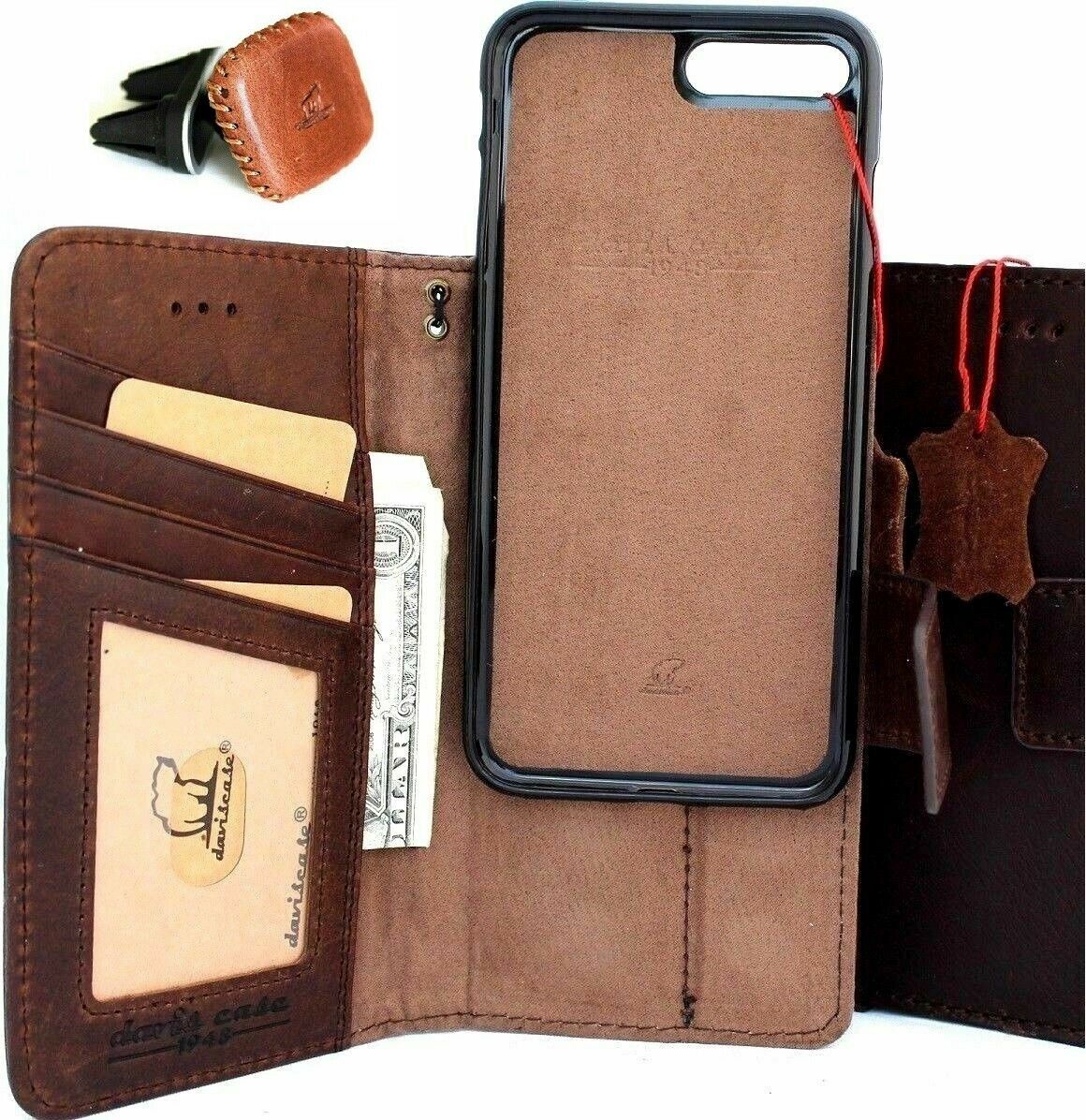 Genuine dark soft leather iPhone SE 2 wallet case with magnetic closure, card slots, and slim design, paired with magnetic car holder.