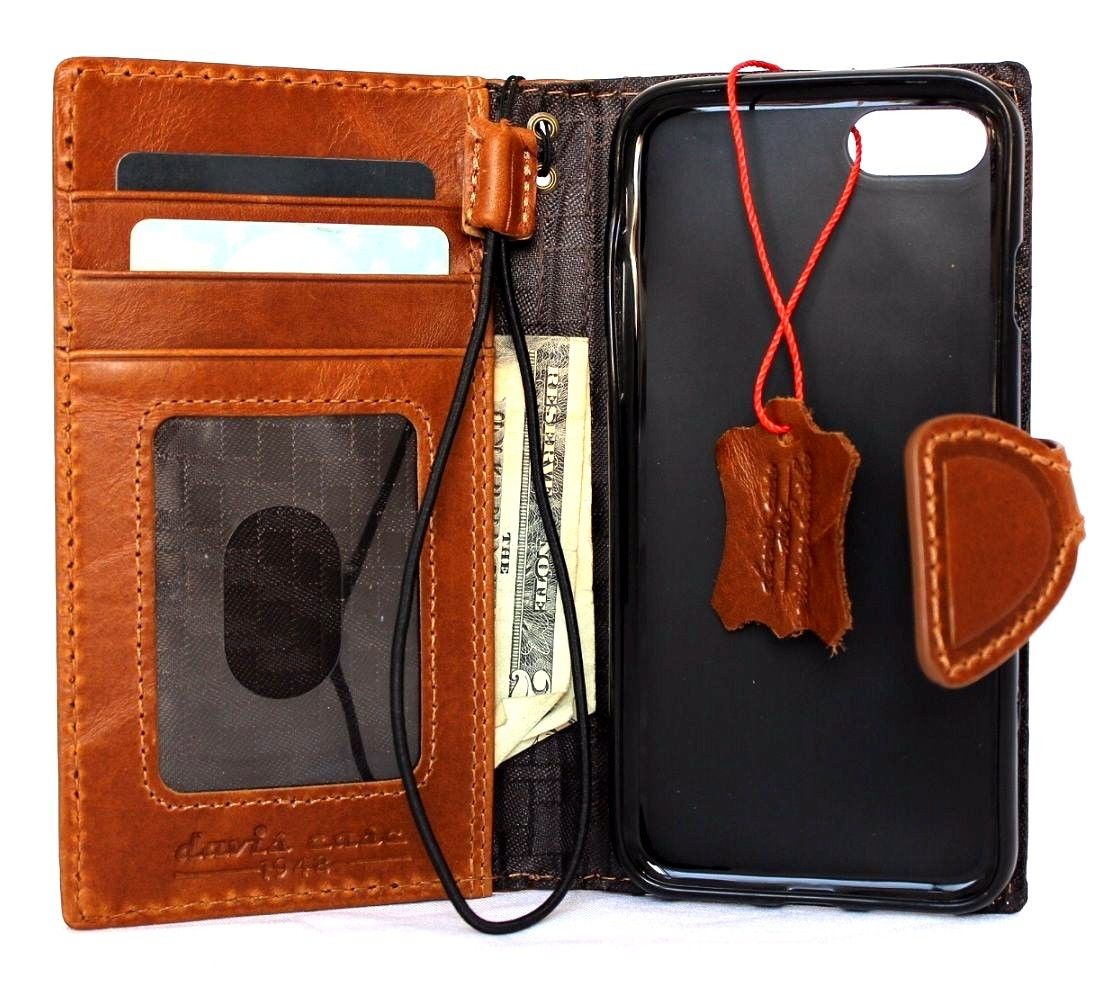 Genuine full leather iPhone 8 case with wallet design, card slots, magnetic closure, compatible with wireless charging, by D Davis Classic.