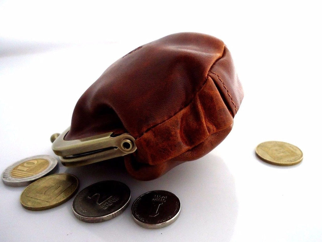 Vintage brown genuine soft leather mini coins purse and wallet case for women, compact and stylish accessory.