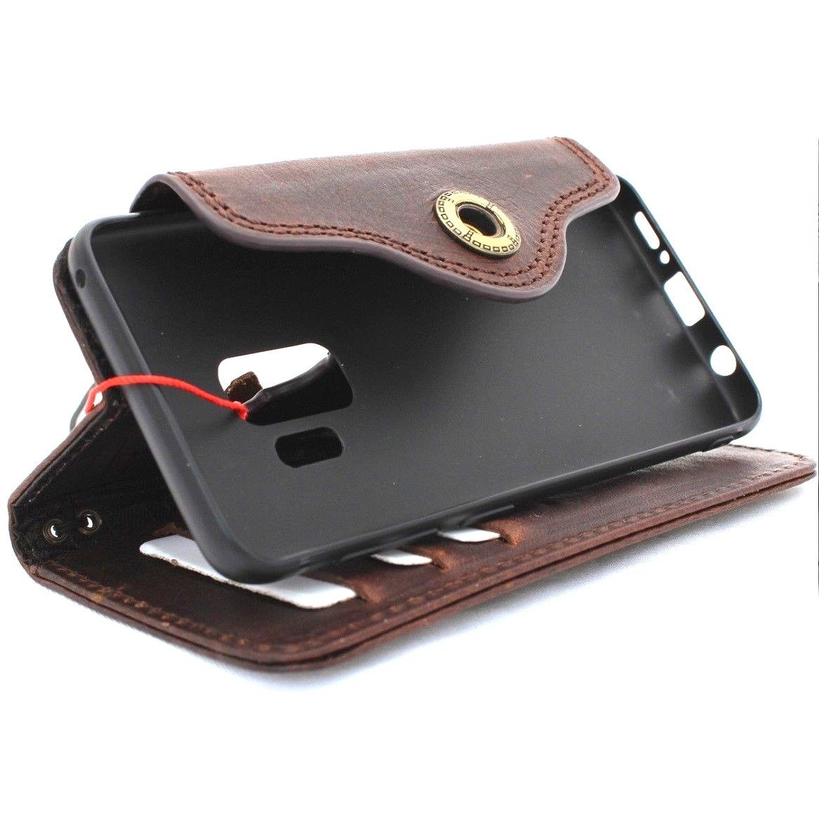 Handmade genuine leather wallet case for Samsung Galaxy S9 with Jafo design, dark color, compatible with wireless charging.