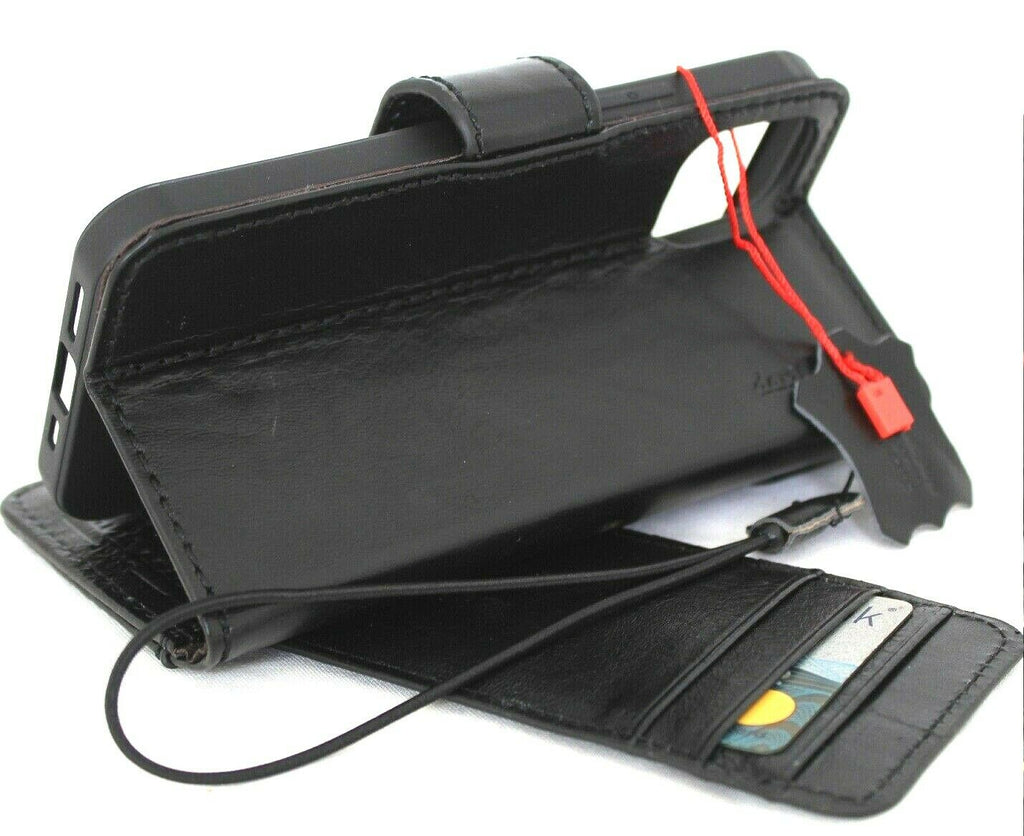 DavisCase genuine full leather black iPhone 12 Mini book wallet cover with credit card slots and soft closure, vintage design.