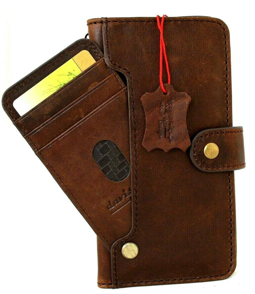 Handmade genuine leather wallet phone case for iPhone 14-17 Pro Max by DAVISCASE, vintage dark full grain leather with card slots.