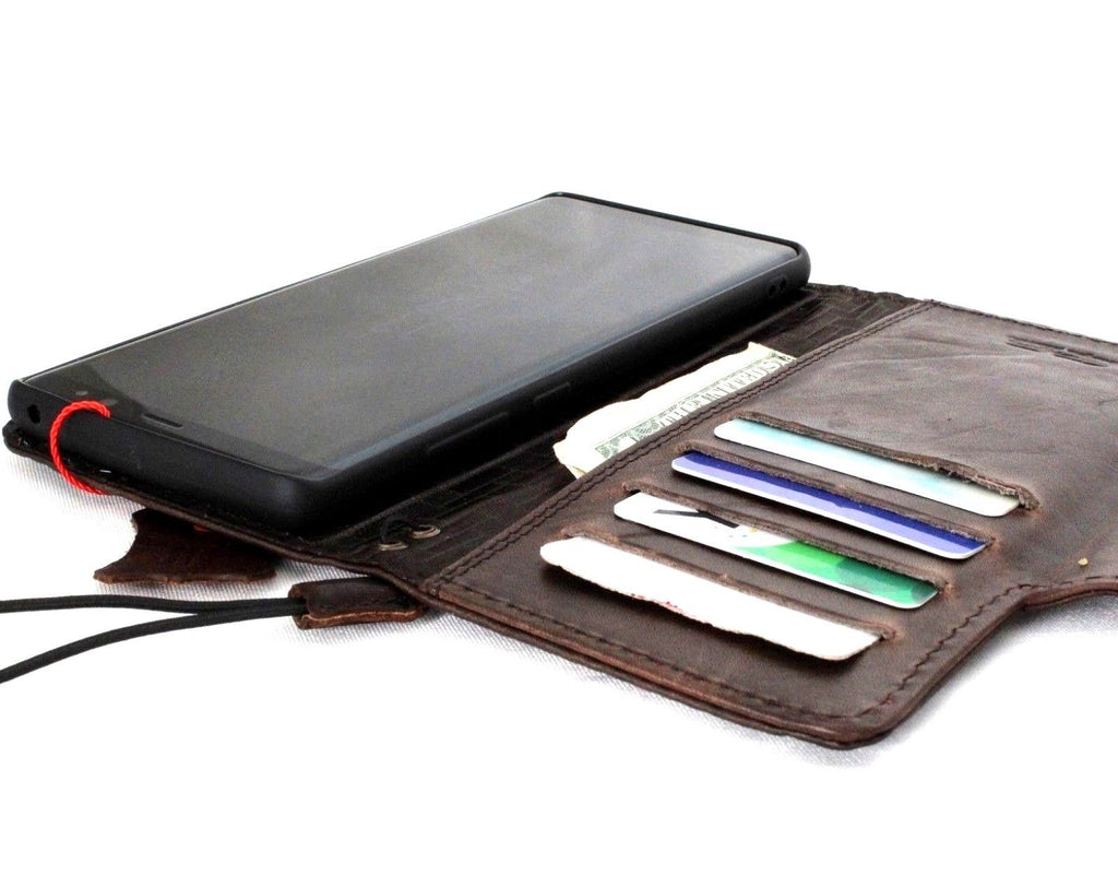 Vintage leather phone case for Samsung Galaxy Note 8 with card slots, magnetic closure, dark color, handcrafted wallet cover.