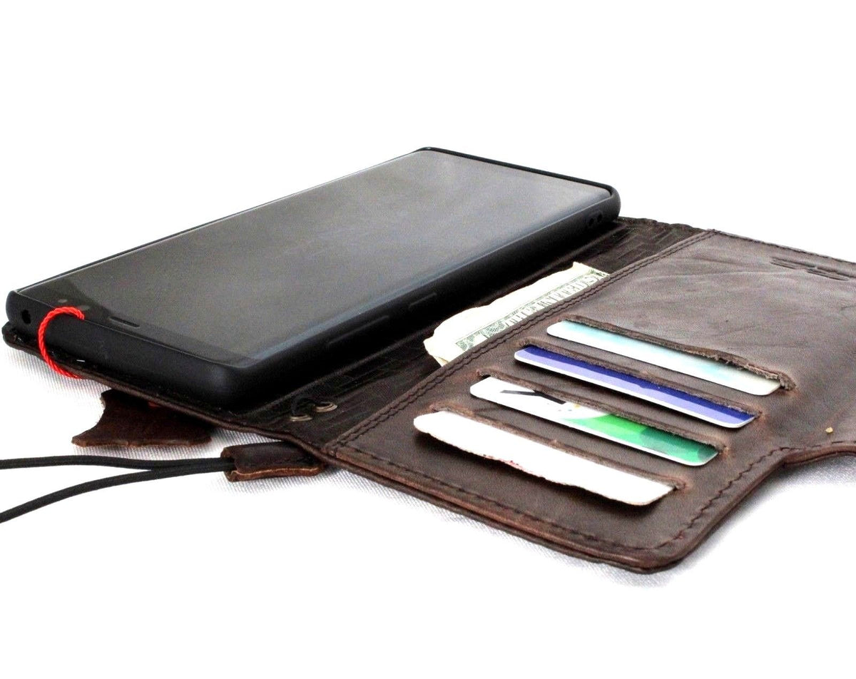 Vintage leather phone case for Samsung Galaxy Note 8 with card slots, magnetic closure, dark color, handcrafted wallet cover.